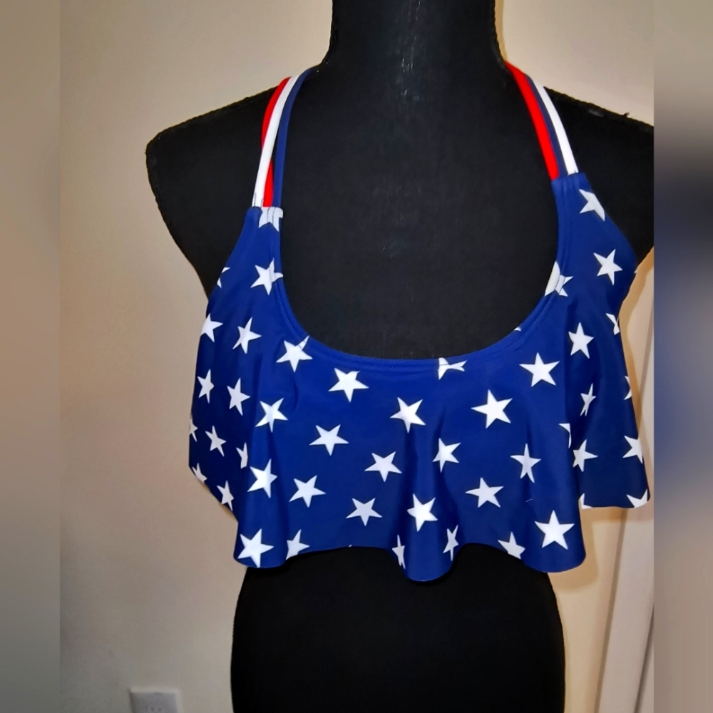 💎 California Waves Ruffled Americana Stars Bikini Top w/Braided Back Size S